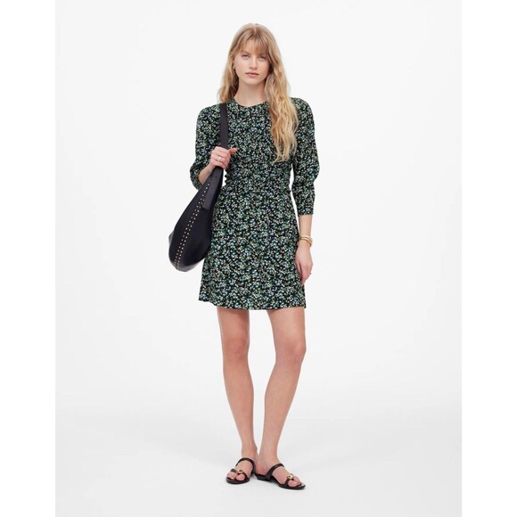 MADEWELL Smocked Mini Dress 12 Meadow Ditsy Black Floral Print NWT B14 - Picture 1 of 5